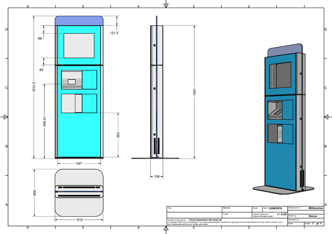 This kiosk, comes with interactive 19'' display. At the rear of the unit a large passive of interactive second screen could replace the static advertisment area.